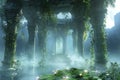 A mesmerizing floating garden temple 3D background room suspended in the sky, with ancient stone