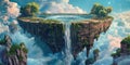A mesmerizing floating island surrounded by clouds, with water cascading down from its edges, creating a seemingly endless
