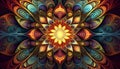 A mesmerizing fractal pattern with infinite repeating shapes with radiating center bold colors intricate