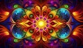 A mesmerizing fractal pattern with infinite repeating shapes with radiating center bold colors intricate