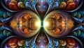 A mesmerizing fractal pattern with infinite repeating shapes with radiating center bold colors intricate