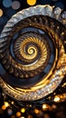 A mesmerizing fractal pattern spirals infinitely, adorned with a metallic texture that reflects soft light