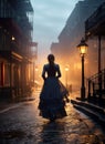 woman walking down a foggy night street. Renaissance, Elizabethan, Jacobean, Baroque, Georgian, Regency, Victorian, Edwardian. Royalty Free Stock Photo
