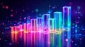 A mesmerizing futuristic bar chart with neon-lit, transparent, multicolored prisms floating in a digital landscape, symbolizing