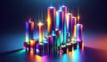 A mesmerizing futuristic bar chart with neon-lit, transparent, multicolored prisms floating in a digital landscape, symbolizing