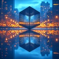 A mesmerizing, futuristic cityscape reflected in a reflective cube