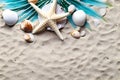 Beach scene, featuring a serene ocean, golden sand, and swaying palm trees. Royalty Free Stock Photo