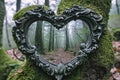 A mesmerizing heart shaped mirror rests gracefully on top of a lush, moss covered tree in natures enchanting embrace, A heart-