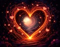 A mesmerizing heart-shaped tunnel illuminated with vibrant red hearts and flowing light leads to a glowing warm center, creating a