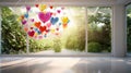 Ethereal Love: Vibrant Abstract Hearts Floating in Serene Garden