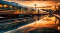 Mesmerizing High Speed Train Travel Trough Forest at Sunset With Motion Blur and Reflection Blurry Background Royalty Free Stock Photo