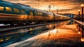 Mesmerizing High Speed Train Travel Trough Forest at Sunset With Motion Blur and Reflection Blurry Background Royalty Free Stock Photo