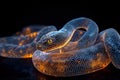 A mesmerizing illuminated snake showcasing intricate scales and glowing patterns against a dark background