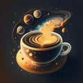 A mesmerizing illustration of a coffee cup floating in space, with a stunning cosmic view inside. Unique and enjoyable coffee