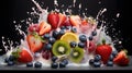 Mesmerizing Image of Assorted Fruits Like Strawberries, Blueberries, and Kiwis Plunging into Thick Milk. Generative Ai.