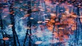 A mesmerizing image of autumn leaves floating on a reflective body of water, Generative AI