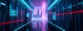 Cyber Nexus: Neon-Lit Data Center with Cascading Digital Waterfall & Futuristic Cityscape Royalty Free Stock Photo