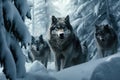 A mesmerizing image capturing a pack of wolves as they gracefully traverse a wintry woodland, A pack of wolves hunting in the