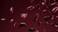 Mesmerizing image of floating red beans in a vibrant, dramatic scene, illustrating movement and energy