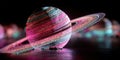 mesmerizing image of glowing, colorful planet with radiant rings in cosmic, dark setting