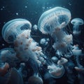 A mesmerizing image of a group of white and orange jellyfish, floating amidst bubbles in the deep blue ocean. Royalty Free Stock Photo