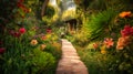 A mesmerizing image of a winding garden path in a luxury summer villa, Royalty Free Stock Photo