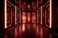 Expressive Interior Design: Burnished Copper and Deep Maroon Red with Symmetric Neon Light and Shiny Walls