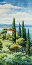 Anime Illustration Of Sea View With Cypress Trees In Guido Borelli Da Caluso Style