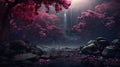 Mystical Night Forest With Pink Trees And Waterfall