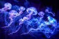 Mesmerizing Jellyfish Gliding Through Deep Ocean Water with Neon Glow on Dark Background Royalty Free Stock Photo