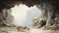 Vintage Oil Painting Of Cave With Glacier Yew - Ethereal And Realistic Art