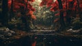 Japanese-inspired Red Forest With Maple: Moody Atmosphere And Detailed Foliage