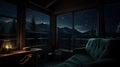 Starry Night Overlooking Mountains: Photorealistic Room With Moody Colors