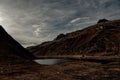 Mesmerizing landscape of a lake in the the rocky mountains on a dark cloudy day