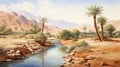 Serene Watercolor Illustration Of A Desert Stream With Palm Trees