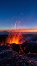 A mesmerizing lava fountain erupts at dusk, sending molten streams arcing gracefully against the fading sky