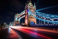 A mesmerizing long exposure shot capturing the serenity of Londons iconic Tower Bridge illuminated at night, UK, London, Tower