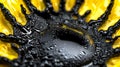 A mesmerizing macro photograph of ferrofluid art showcasing intricate cellular patterns in a high-contrast yellow and black color