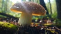 Macro shot of a growing mushroom in a forest with texture details, camera revolves around