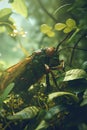 Macro shot of a cricket sitting on a green leaf. Royalty Free Stock Photo