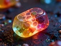 Mesmerizing macro shot of a luminous, pebble-like object with glowing internal cellular structures and vibrant granular inclusions Royalty Free Stock Photo