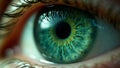 Mesmerizing macro shot of a vibrant green eye with intricate details and glistening tears
