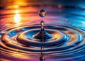 A mesmerizing macro shot of a water droplet making contact with a calm surface, creating ripples and micro-splash patterns in a