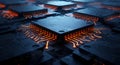 Glowing microchips on a futuristic dark circuit board Royalty Free Stock Photo