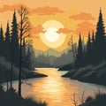 Serene Sunset: A Romanticized Depiction Of A River And Forest