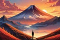 Mesmerizing Mountain Landscape: Sunset Silhouettes, A Lone Figure on Path Amidst Majestic Peaks.