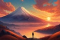 Mesmerizing Mountain Landscape: Sunset Silhouettes, A Lone Figure on Path Amidst Majestic Peaks.