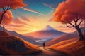 Mesmerizing Mountain Landscape: Sunset Silhouettes, A Lone Figure on Path Amidst Majestic Peaks. Royalty Free Stock Photo