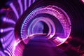 A mesmerizing neon-lit tunnel with purple and pink hues, the lights bending and flowing along the