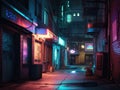 Glowing neon sign in dim alley with holographic effect